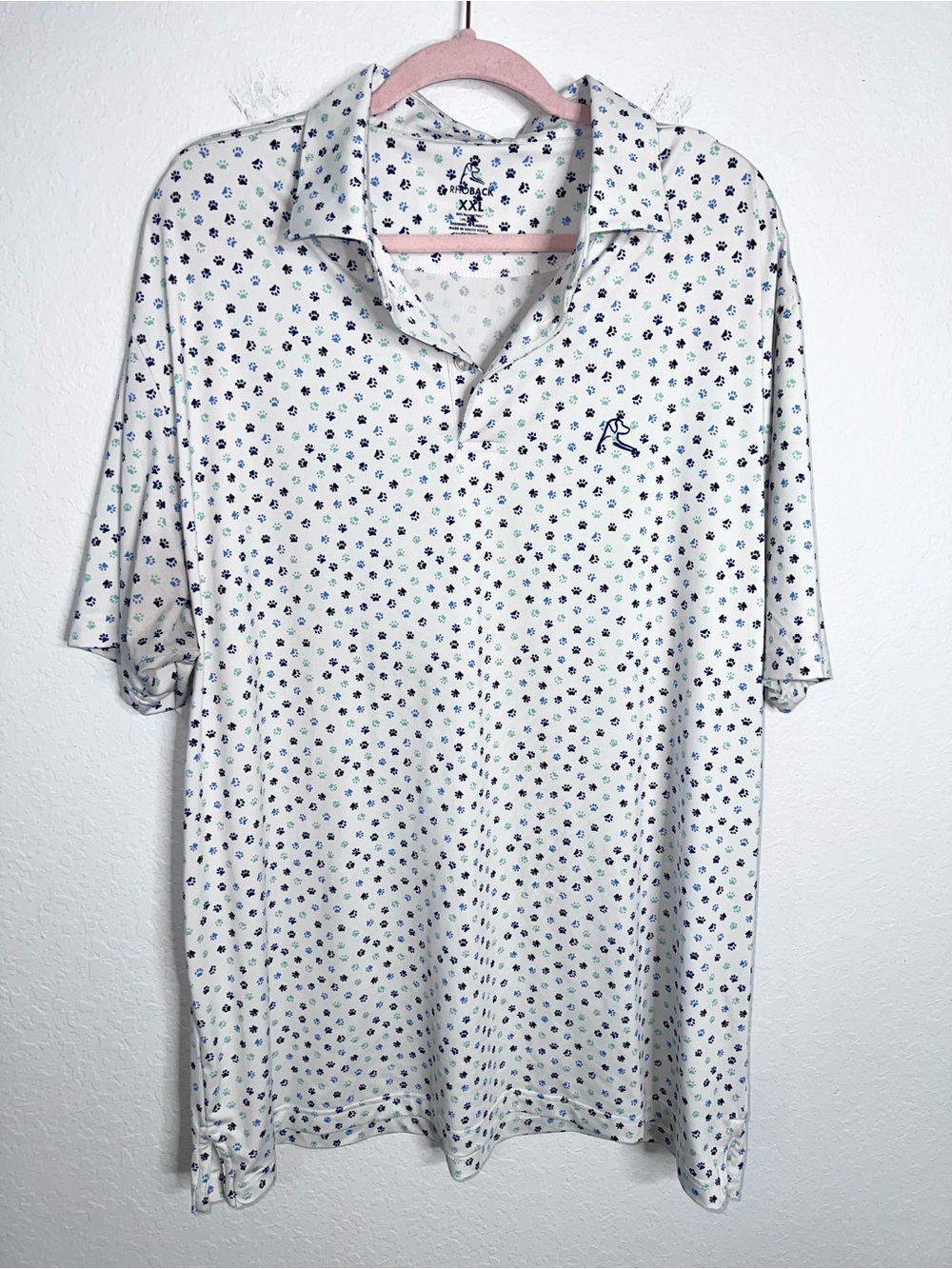 Rhoback Polo Shirt Mens XXL White Dog Puppy Paw Prints Short Sleeve Golf Rare